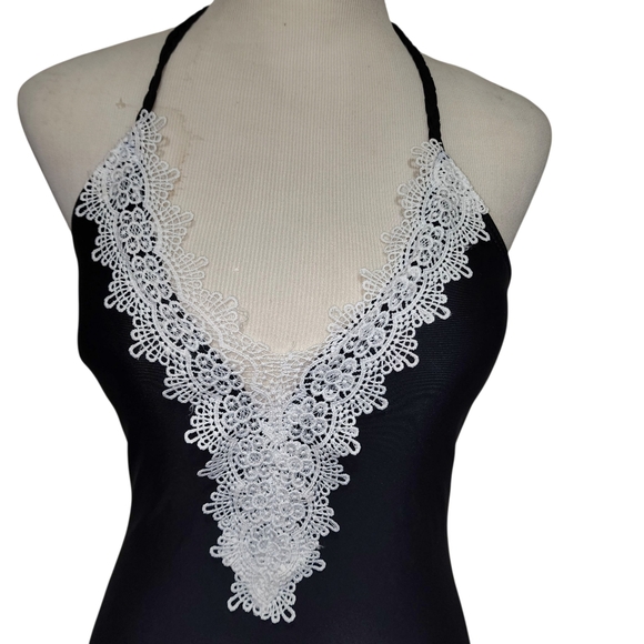 Boutique 1PC Black Swimsuit SMALL Crochet Trim Plunging VNeck Coquette Girl NWOT - Picture 8 of 15